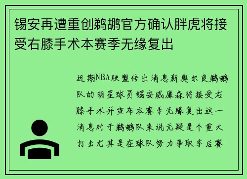 锡安再遭重创鹈鹕官方确认胖虎将接受右膝手术本赛季无缘复出