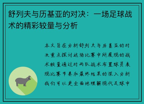 舒列夫与历基亚的对决：一场足球战术的精彩较量与分析